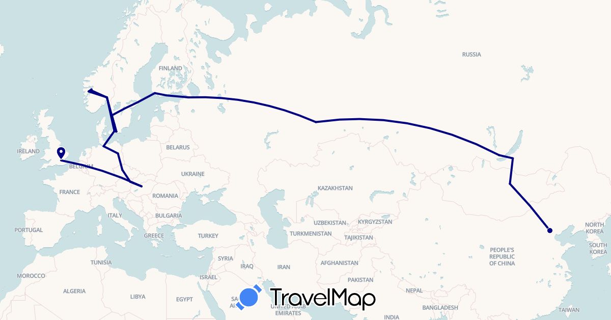 TravelMap itinerary: driving in Austria, China, Czech Republic, Germany, Denmark, Finland, United Kingdom, Hungary, Mongolia, Norway, Russia, Sweden (Asia, Europe)